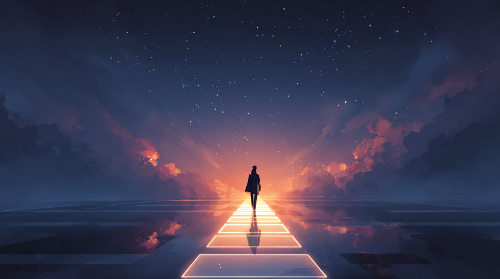 Person at a glowing digital crossroads, confidently choosing a path marked with a checklist, symbolizing clarity in selecting the right audit tool.