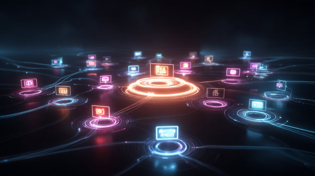 A glowing central hub connected to smaller floating nodes, symbolizing an SEO topic cluster strategy.