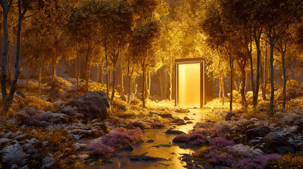 A surreal illustration of users drawn toward a glowing digital doorway in a warm forest, symbolizing emotional connection in web experience, while a sleek but cold tunnel remains empty behind them.