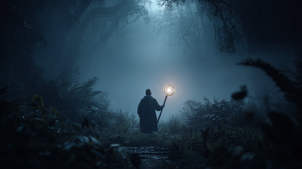 A traveler in a digital forest holding a glowing SEO compass, representing guidance through SEO complexity.