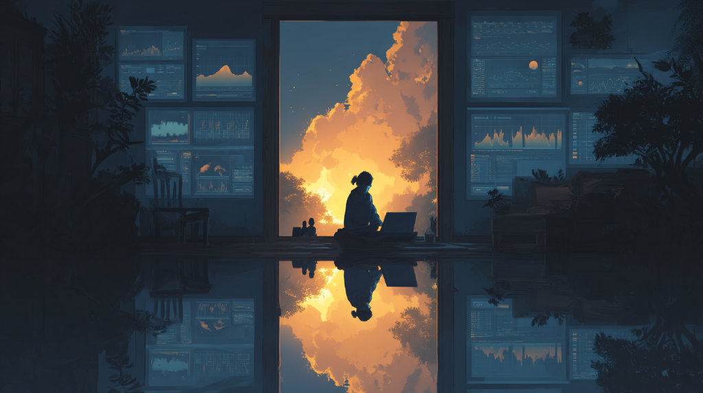 A person surrounded by backlink metrics in the dark, catching a faint reflection of a brighter, more human-centered path ahead — symbolizing a moment of realization.