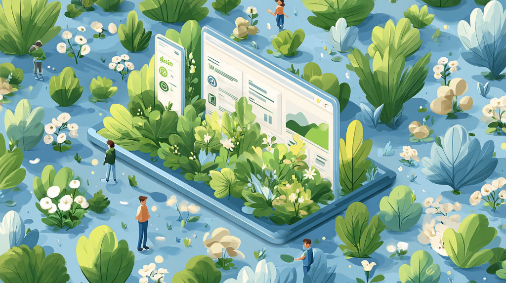 A vibrant representation of SEO metrics blooming like plants, showing improved engagement, lower bounce rate, and organic growth.