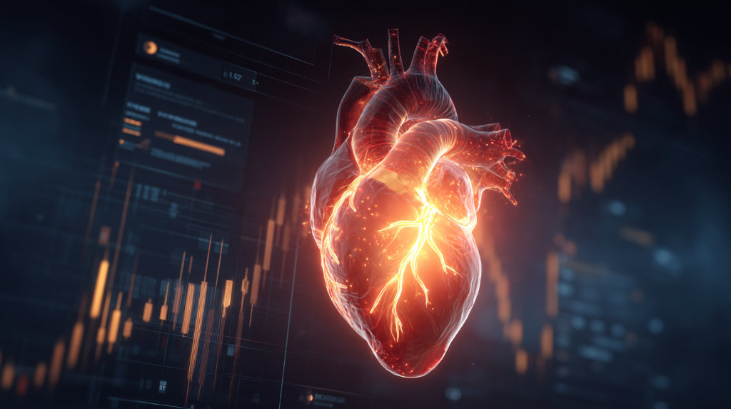 A glowing heart entangled in data cables within a marketing dashboard — expressing the need for empathy and meaning in strategy.