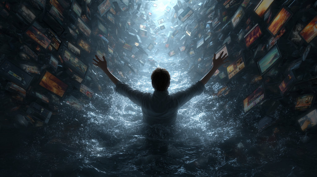A figure overwhelmed and drowning in a flood of screens and posts — illustrating the mental fatigue caused by content overload.