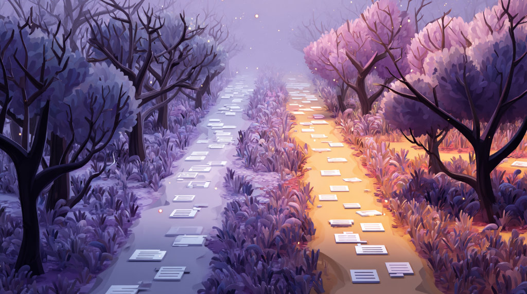 Two diverging paths in a digital forest: one tangled with backlinks, the other paved with helpful content