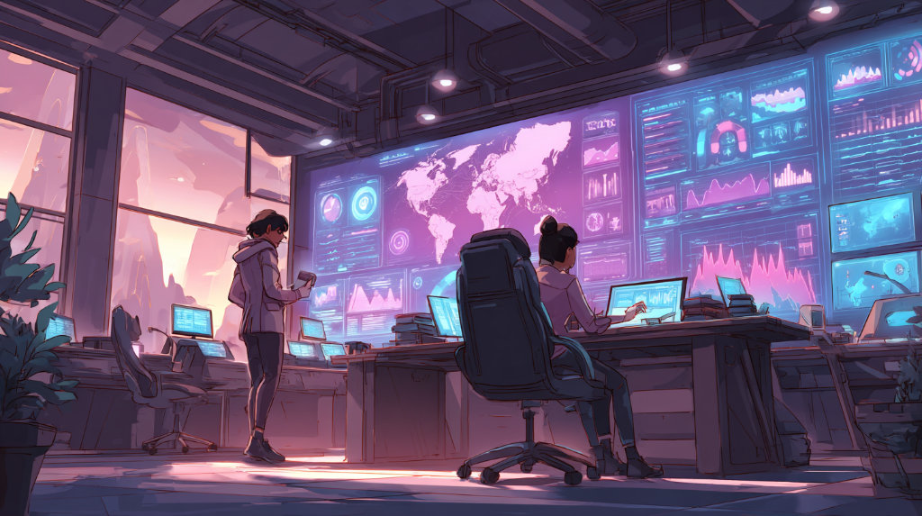 Futuristic control room evaluating content trust, usefulness, and user experience, with no focus on backlinks
