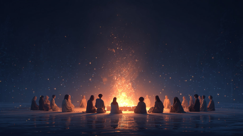 Diverse people gathered around a glowing fire in a digital void, co-creating something meaningful — illustrating marketing culture rooted in connection.