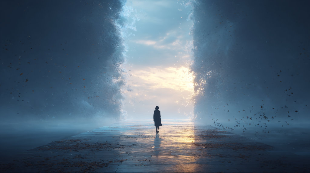 Person walking toward a bright opening between towering digital waves, symbolizing clarity and breakthrough in a foggy digital world