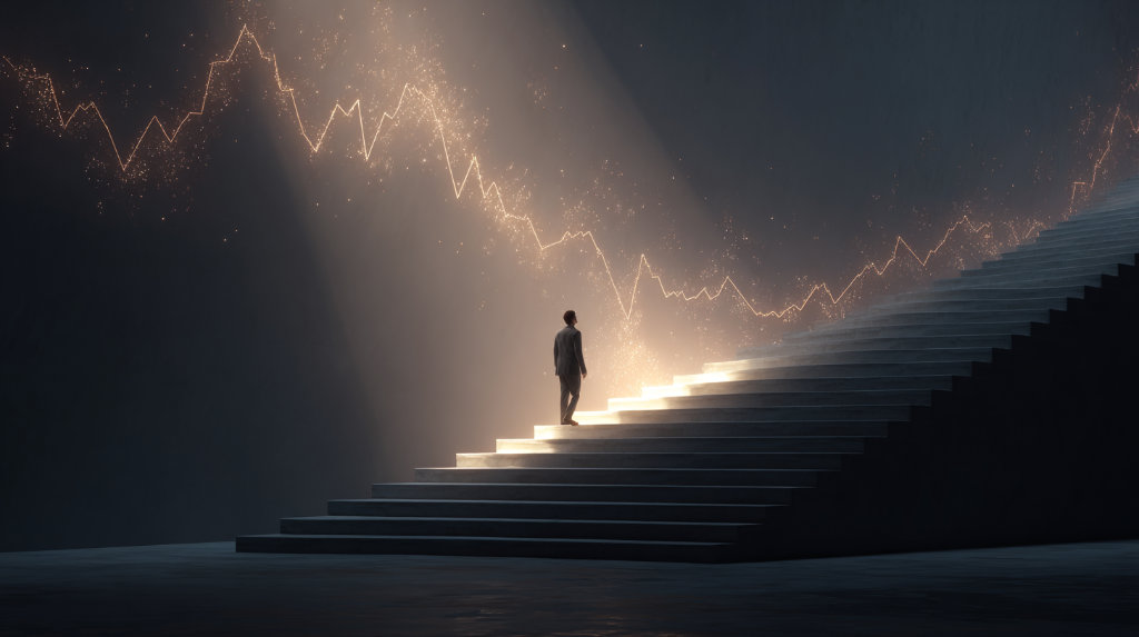 A person stands at the top of a staircase made of analytics charts, looking into an empty, dark room — symbolizing the emptiness of metric-only growth.