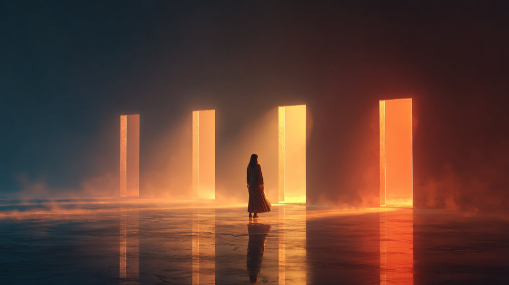 A person standing before multiple glowing doors, each representing a different type of search intent.