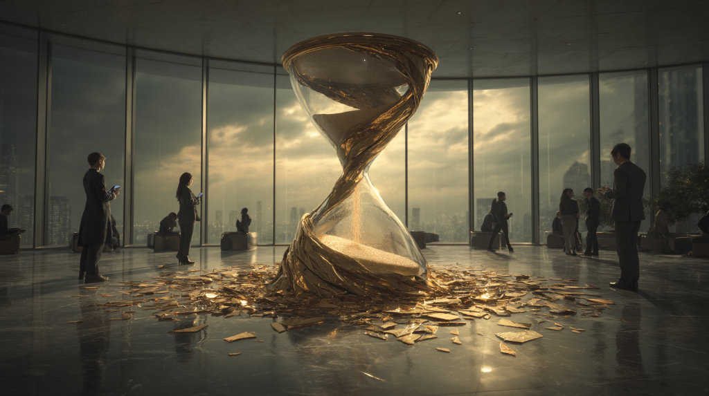 A giant broken hourglass in a sleek lobby with frustrated users — metaphor for time lost on slow websites.