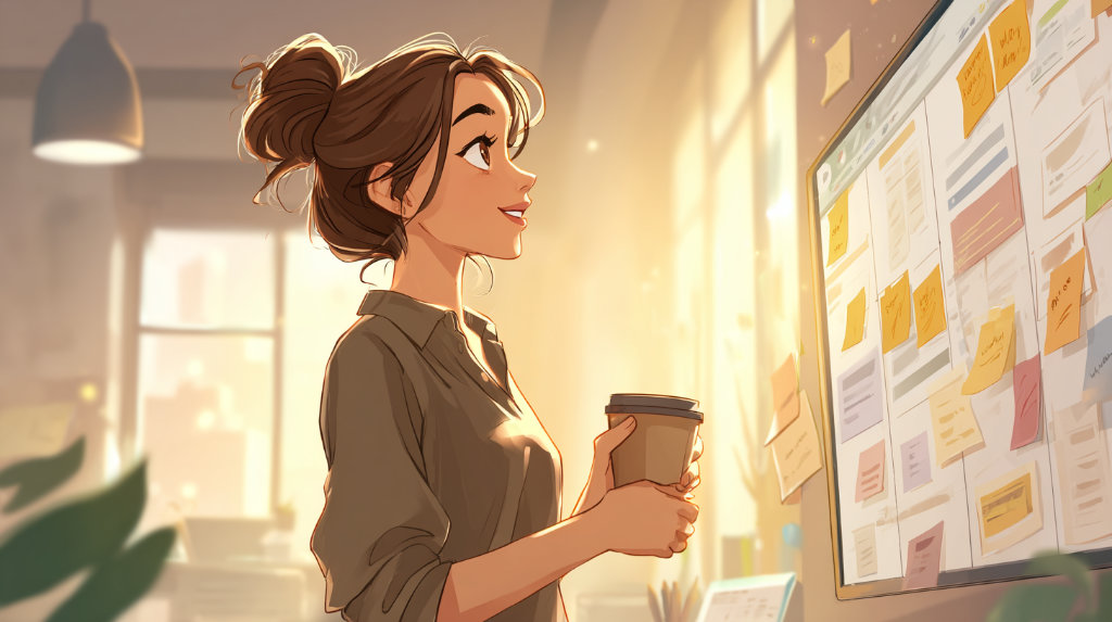A calm, focused person reviewing a content calendar on a screen in a cozy workspace, representing the planning phase of content creation.