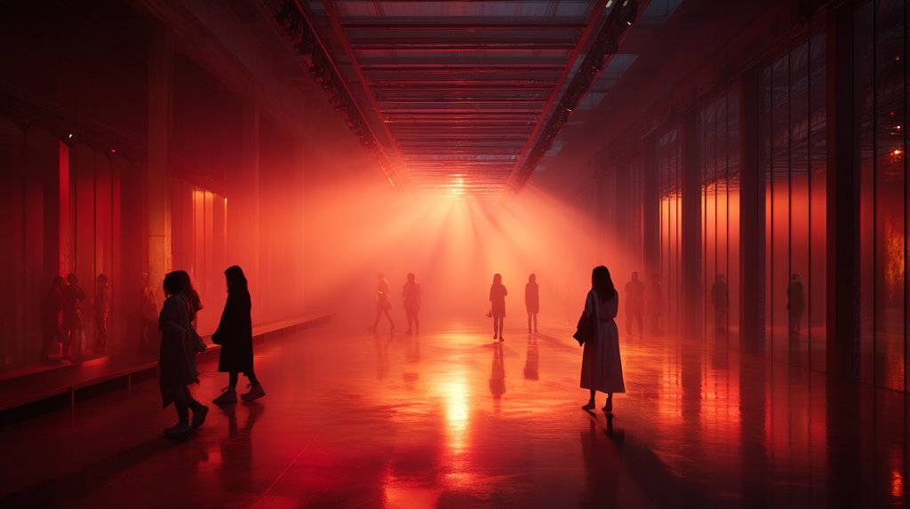 A glowing website display floating in red mist, ignored by visitors walking away — symbolizing beauty without speed.