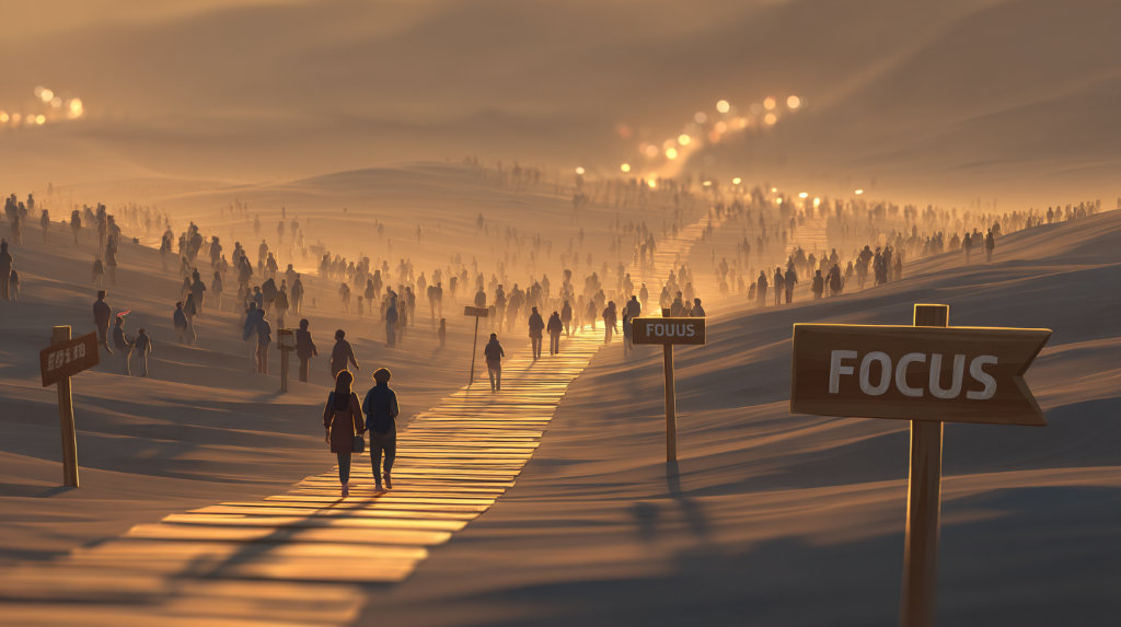 A symbolic fork in the road between noisy distraction and clear direction, representing how Cekr.io emphasizes focus over data bloat.