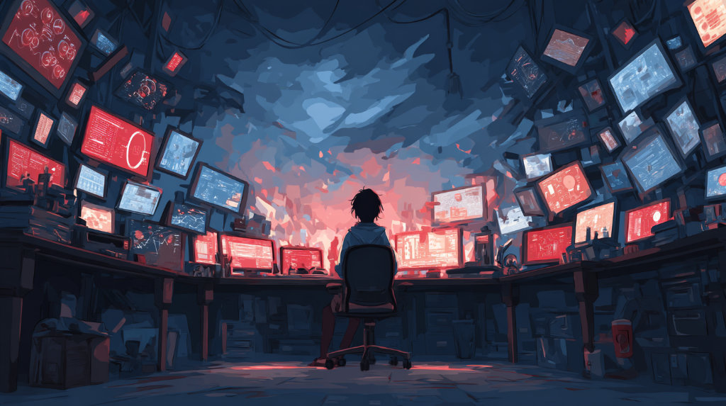 A metaphorical scene of a person overwhelmed by hundreds of blinking SEO dashboards, representing tool fatigue.