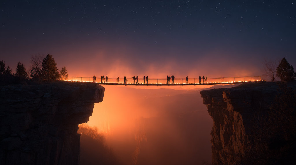 A luminous bridge formed by interconnected hands spans a vast canyon — symbolizing genuine connection over optimized funnels.