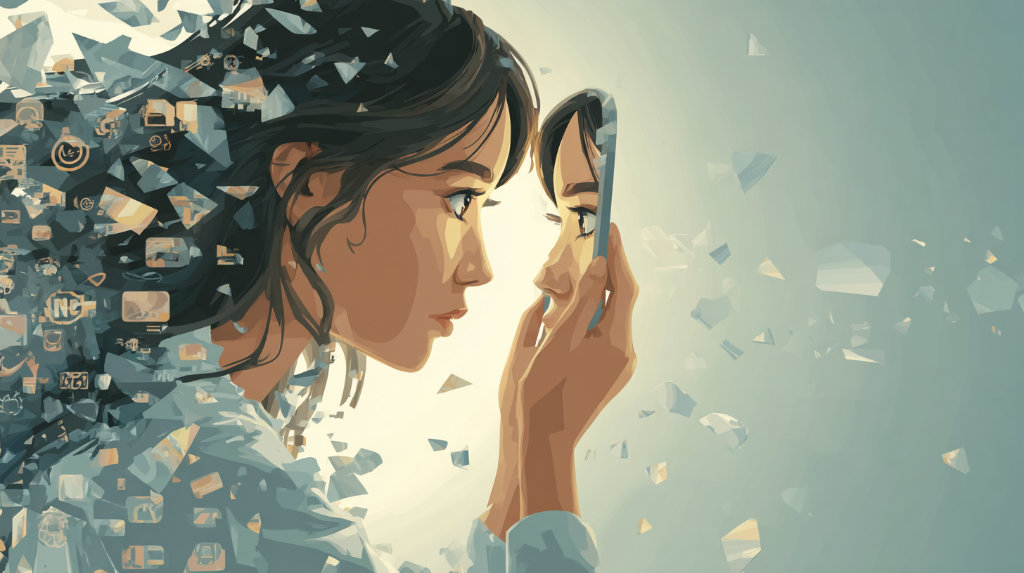 A marketer gazes into a fractured mirror made of algorithm icons, their own reflection split — metaphor for self-inflicted engagement failure.