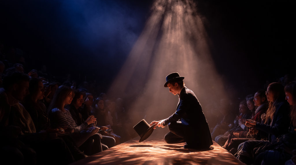 A magician on stage pulls leads from a hat while the unimpressed audience watches — representing deceptive marketing tricks that no longer work.