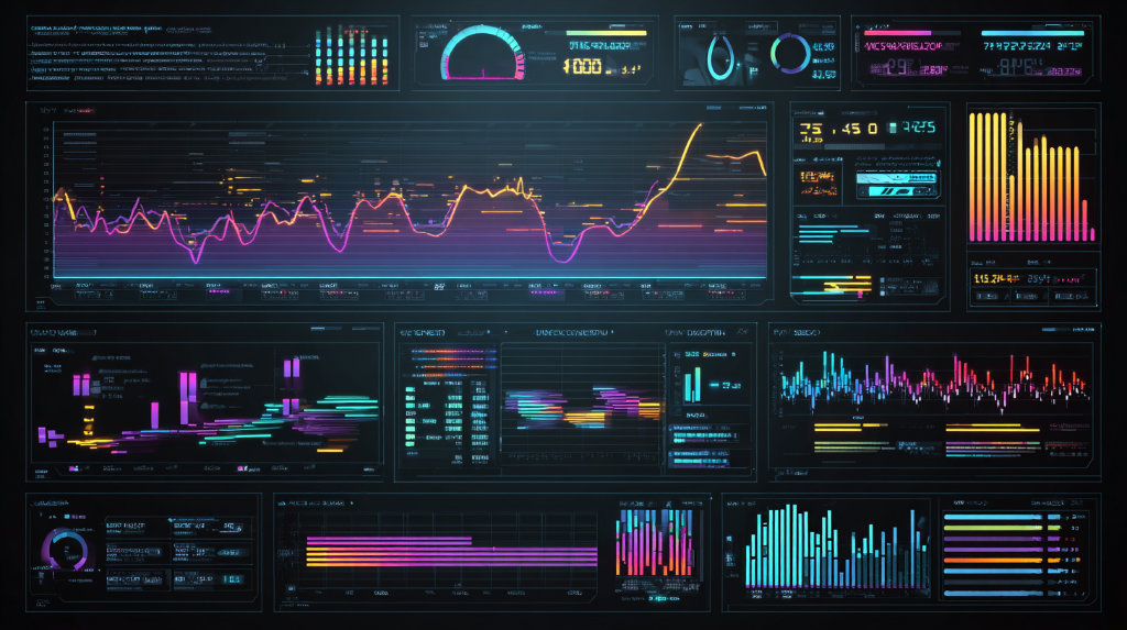Digital dashboard with glitching graphs, slow-loading bars, and distorted web layout, abstract visual of web vitals breakdown, neon color palette, high-tech UI design