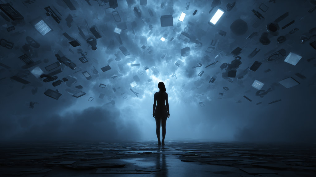 Person overwhelmed by too many floating digital tools, symbolizing confusion in choosing the right website audit solution.