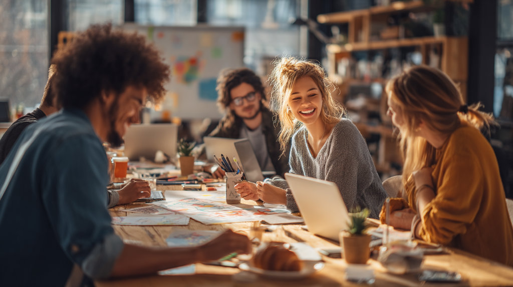 A happy, diverse content team collaborating in a bright creative room filled with ideas and tools, symbolizing sustainable content work without burnout.