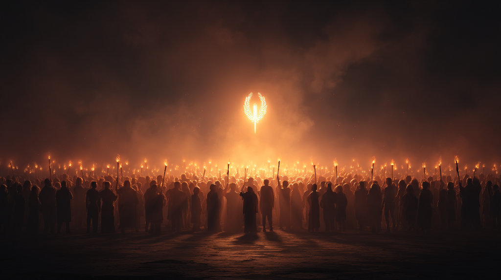 A unified crowd follows a glowing symbol through darkness — visualizing how people join movements, not just buy products.