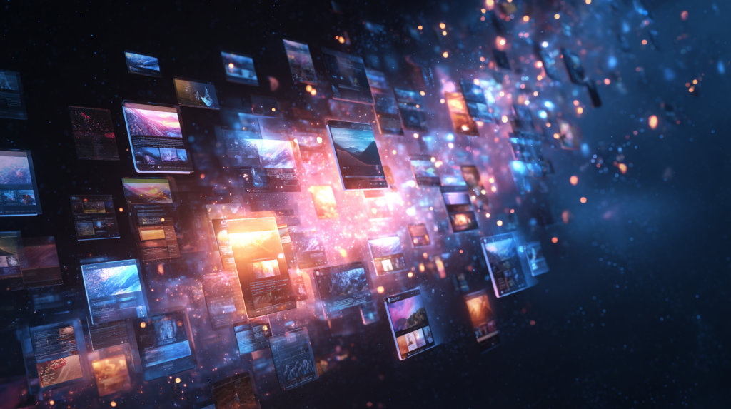 A single blog post transforming into multiple content formats like video, social posts, and ebooks, representing content repurposing.