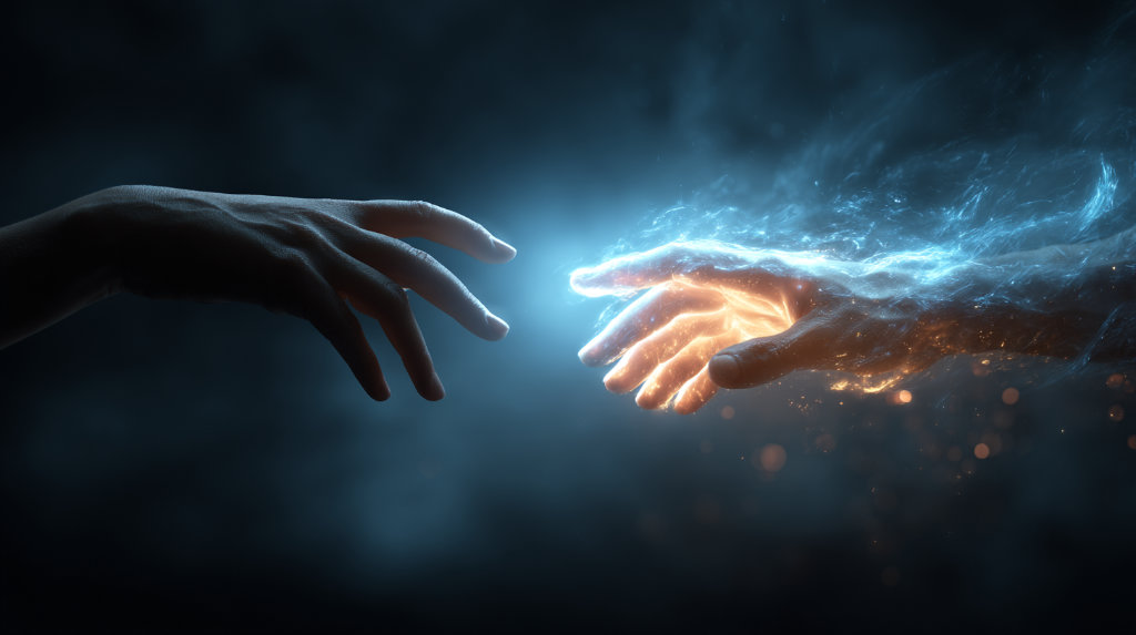 Two glowing hands reach out from a digital screen and connect in a handshake — representing trust built across digital channels.