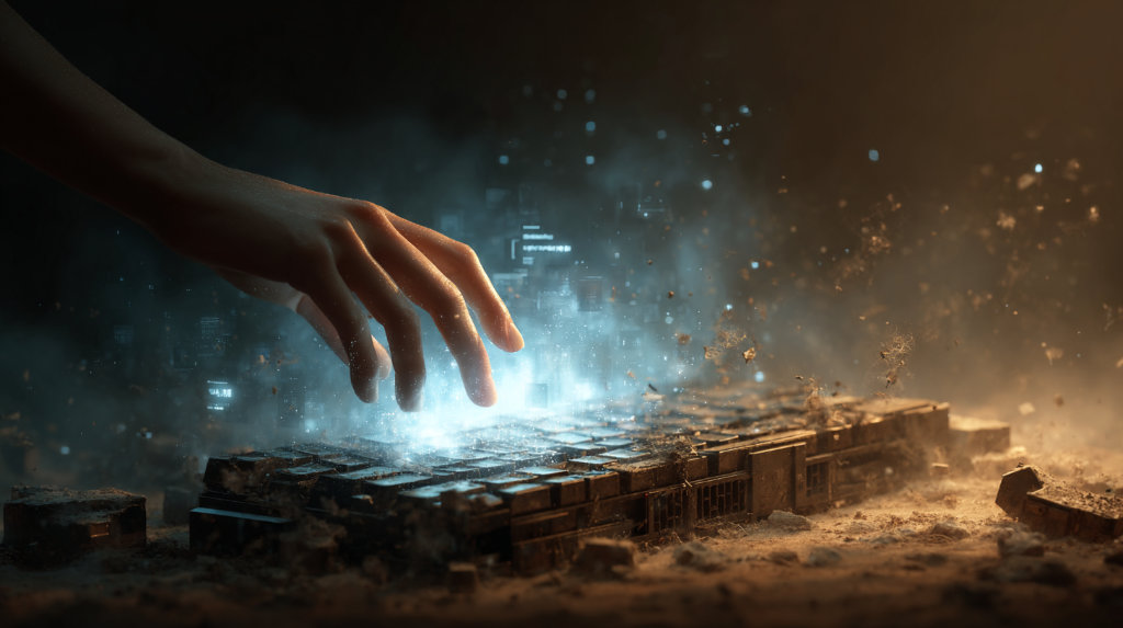 Illustration of an outdated search engine being replaced by a modern AI-powered system, symbolizing the evolution from old SEO tactics to intelligent search optimization
