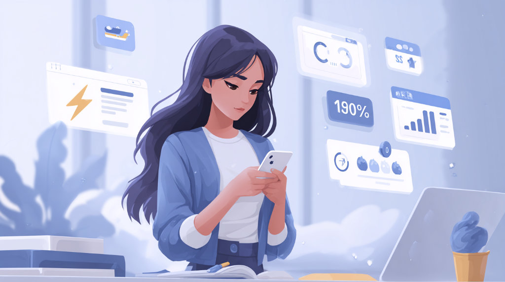 Person using a fast-loading website on mobile and desktop, surrounded by icons representing speed, trust, and SEO performance in a modern digital workspace