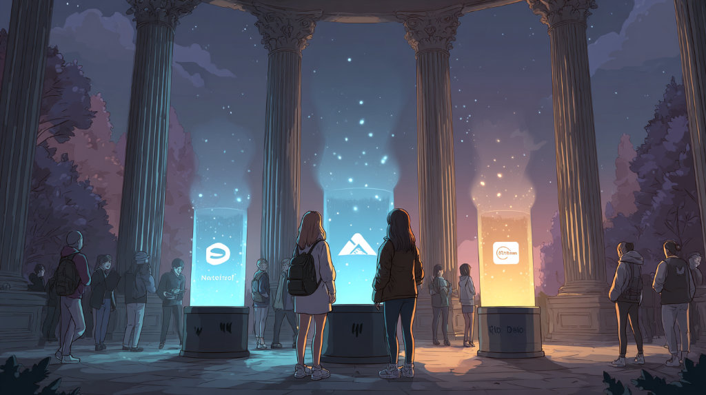 Three radiant pillars featuring subtle logos of ethical brands like Notion, Patagonia, and Duolingo — symbolizing trust and purpose-led branding.