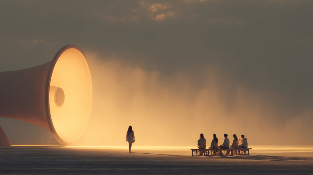 A person walks away from a massive loudspeaker toward a quiet circle of listeners — showing the shift from noise to authentic connection.