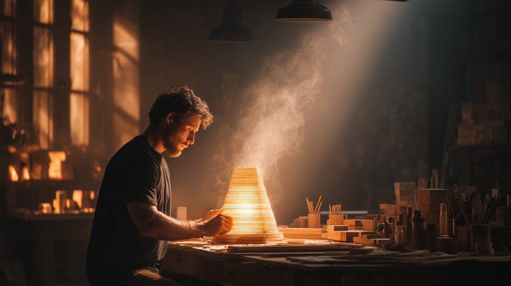 A craftsman carefully builds a luminous marketing structure with hand tools — representing slow, intentional, human-first marketing tactics.