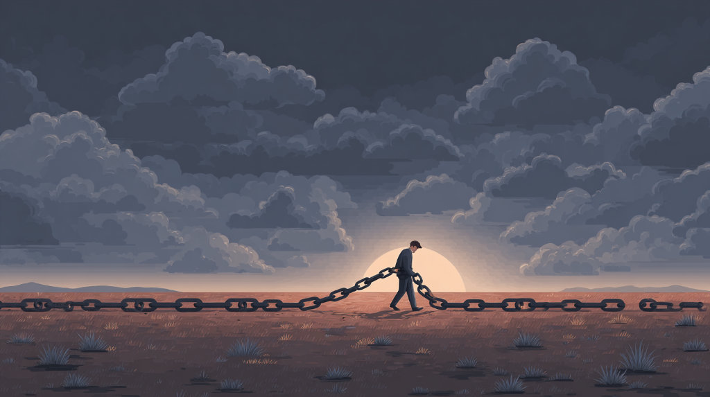 Exhausted digital marketer dragging a heavy backlink chain through a barren landscape, symbolizing outdated SEO efforts